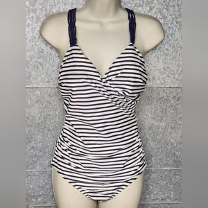 Kona Sol Women's Shirred Macrame Strap One Piece Swimsuit Navy/White Stripe Med